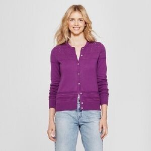 NWOT Purple Open Knit Button Up Sweater Cardigan